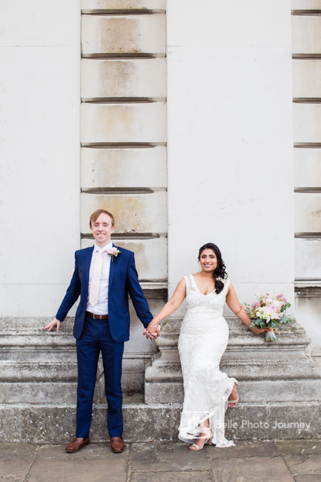 Couple fun portrait mansion building columns